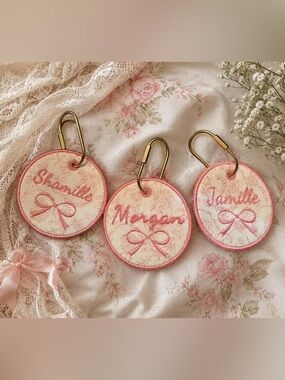 Personalized Floral Embroidered Keychain - Pink and Cream